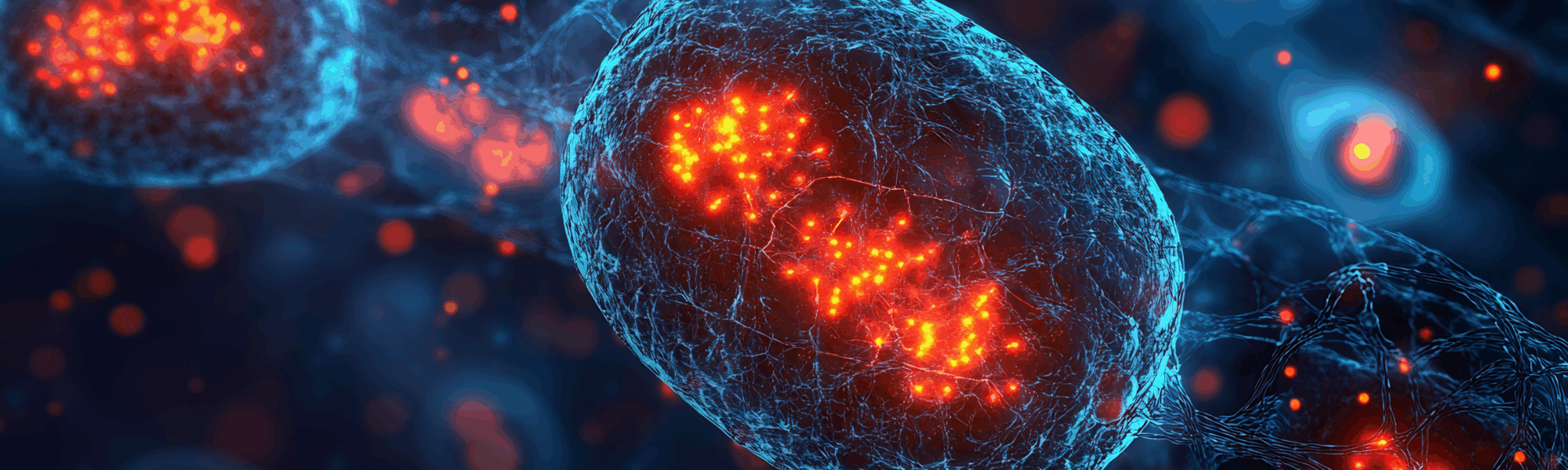 Mitochondrial disease mutation visualization glowing red errors DNA
